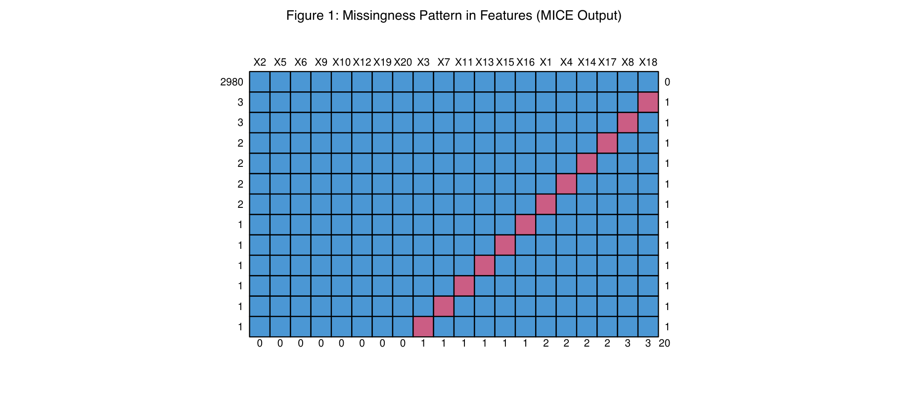 Figure 1: Missingness Pattern in Features (MICE Output)