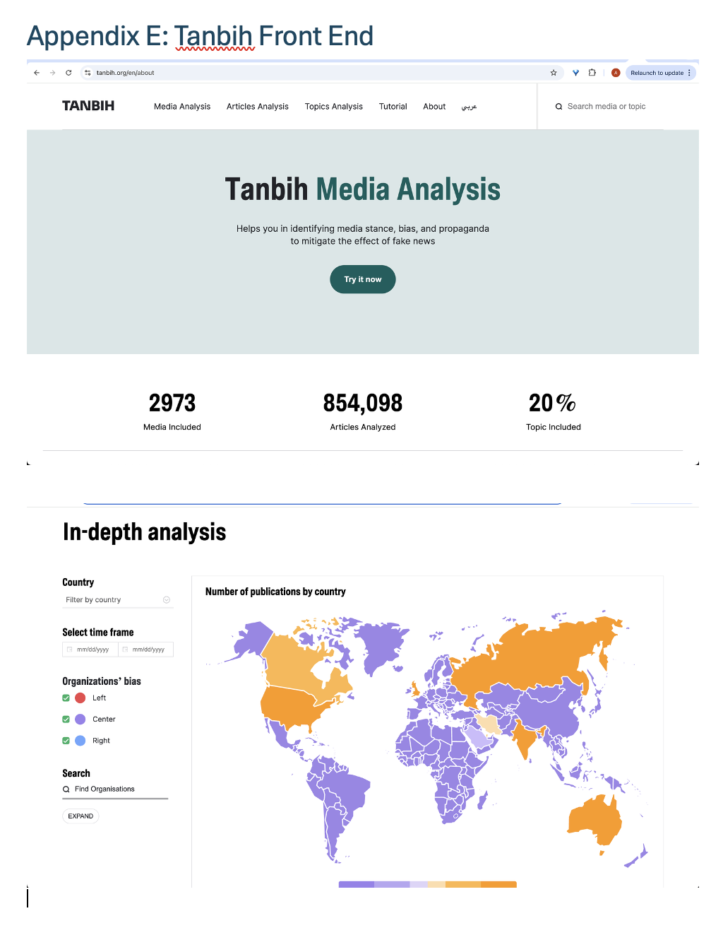 Tanbih framing distribution chart and organisations bias-factuality scatter plot